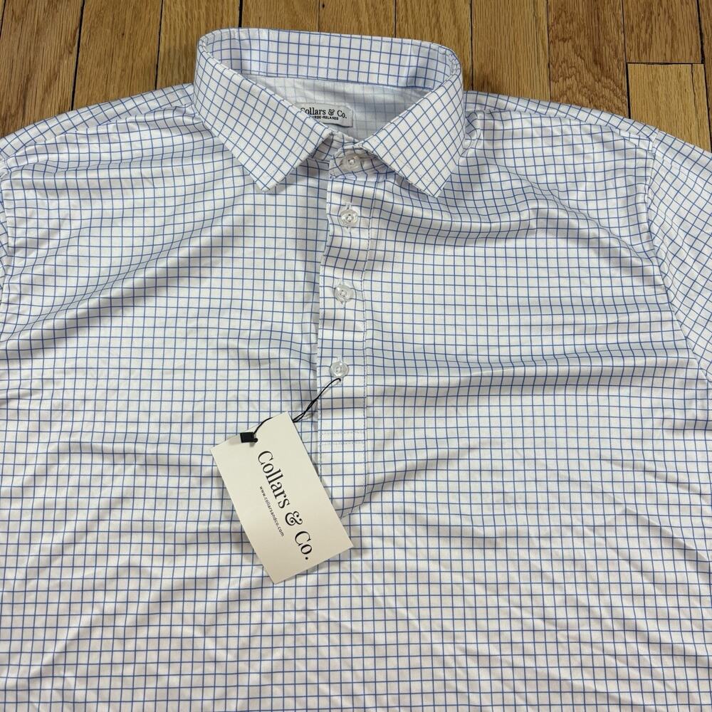 NWT Collars and Co Men’s Size L Relaxed Dress Collar Polo Shirt Blue White Grid